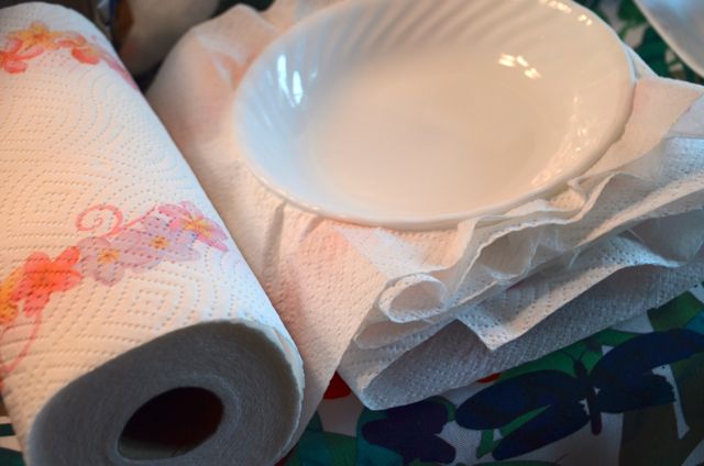 Paper products are expensive in the Solomons. I found a way to wrap my plates and get a roll of paper towels there!